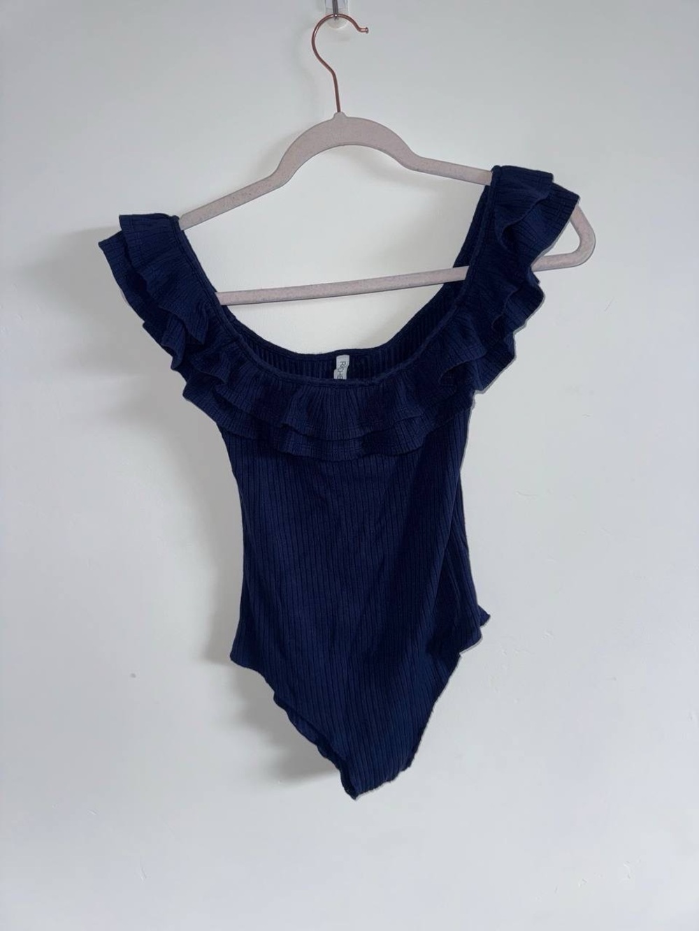 Rachel Pally Navy Ribbed Off-Shoulder Top with Ruffle Trim - Picture 3 of 5